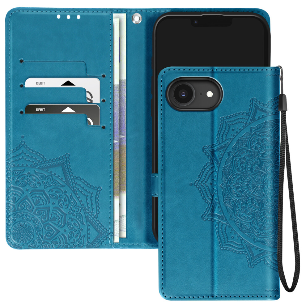 Avizar Case Flowers Mandala For Iphone 16E Wallet Dragonne, Blue 3662428135824