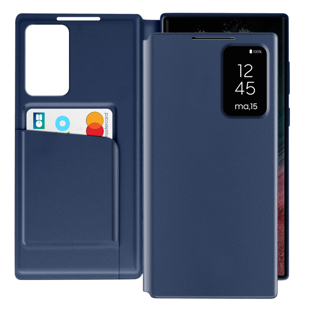 Avizar Leather Case For Galaxy S22 Ultra Display Window Card Holder, Dark Blue 3662428134759
