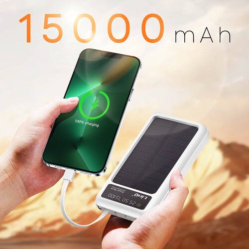 LinQ Solar External Battery 15000mAh with MicroUSB Lightning USB C Cable, White 2