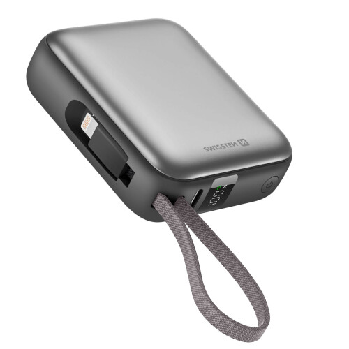 Swissten Batterie Externe 10000mAh avec Câbles USB-C et Lightning Ultra-Compact