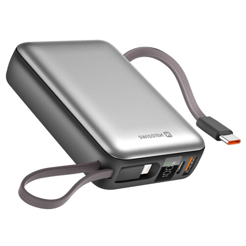 Swissten Batteria Esterna 20000mAh con Cavi USB-C e Lightning Compatta