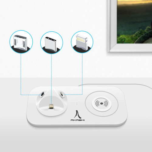 Universal Weiße Akashi 4-in-1 Ladestation USB-C/Lightning/Micro-USB/QI 2