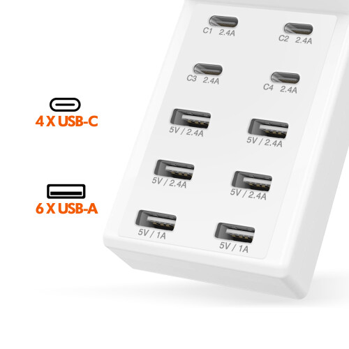 LinQ Station de Charge Multiport 4 USB-C + 6 USB 50W Câble 1m Compact Blanc 2