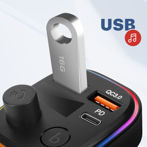 Trasmettitore FM Bluetooth con caricatore da auto USB QC 3.0 e USB-C 18W C2 nero 2