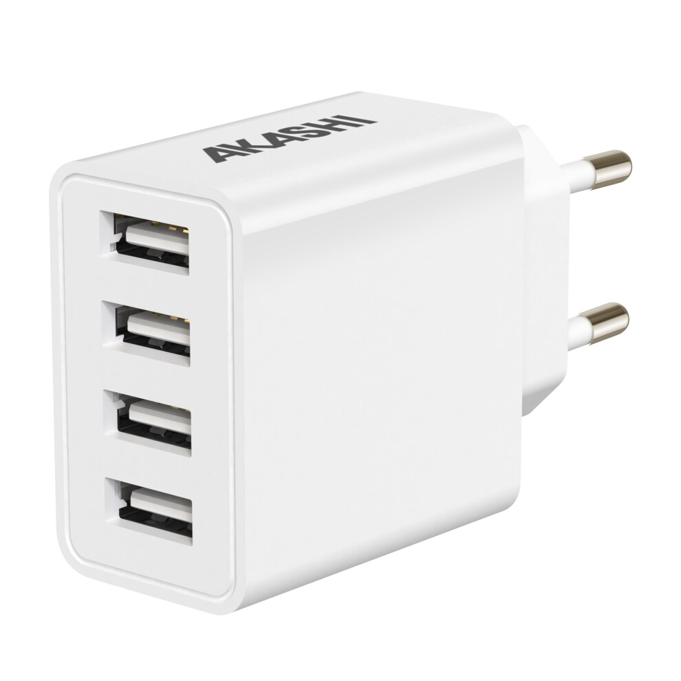 Akashi White 25W 4-Port Usb Rapid Charge Mains Charger Compact Design,