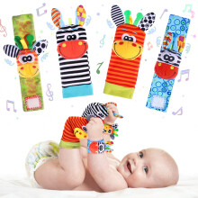 (A) Colorful Animal Wrist Rattle and Foot Finder Socks Set, Newborn Soft Sensory Toys for Arm/Hand/Rattle/Feet/Leg/Ankle, Infant Rattles Toys Easter Gifts