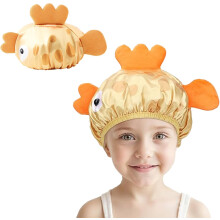 (Yellow) Kids Shower Cap - Reusable Waterproof with Wide Elastic Band | Cute Happy Fish Shape for Boys & Girls, Dual - Use as Satin Sleep Bonnet