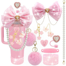 (Pink) Bling Cup Accessories Set Fits 20/30/40 oz Tumblers with Handle Glitter Bow Straw Topper & More