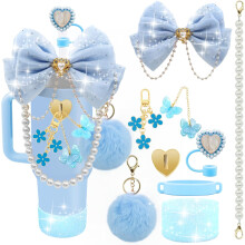(Blue) Bling Cup Accessories Set Fits 20/30/40 oz Tumblers with Handle Glitter Bow Straw Topper & More