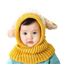 (yellow) Cute Animal Earflap Hooded Scarf Hat, Warm Knitted Woolen Beanie Cap with Scarf for Toddlers, Baby Girls and Boys(blue)