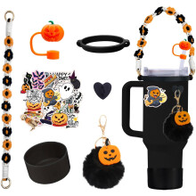(Pumpkin) Halloween Cup Accessories Set Personalized Charm with Straw Cover Handle Rope Stickers & More