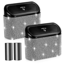 (White Diamond) Bling Car Trash Can with Lid, 2 Pack Mini Auto Garbage Can with 60 Trash Bags, Automotive Garbage Container Bin, Bling Car Accessories, for Women, Bla