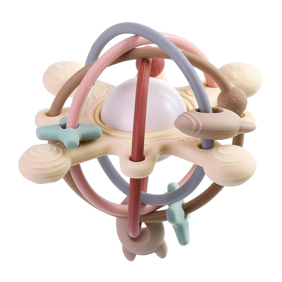 (Brown) Silicone Baby Sensory & Teething Toy, Montessori Rattle Teether Ball For Infants 0-6 & 6-12 Months, Developmental Chew Toy For 3-6 Babie Brown