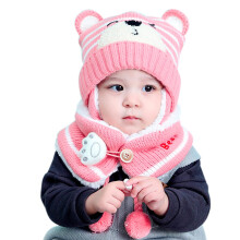 (pink) Cute Bear Design Baby Beanie Hat and Scarf Set, Fleece Lined Winter Warm Knit Cap for Newborns, Toddlers, Little Boys and Girls(pink)