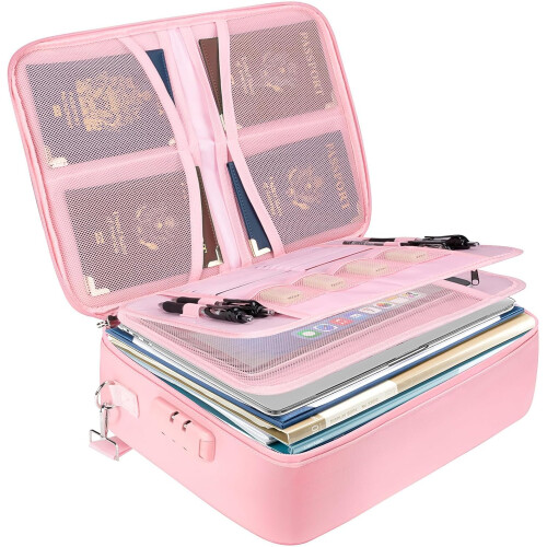 (Pink) Fireproof Document Box with Lock, Portable Fireproof Waterproof Document Bag, Fire Proof File Box for Documents, File Organizer Box for Important Pape