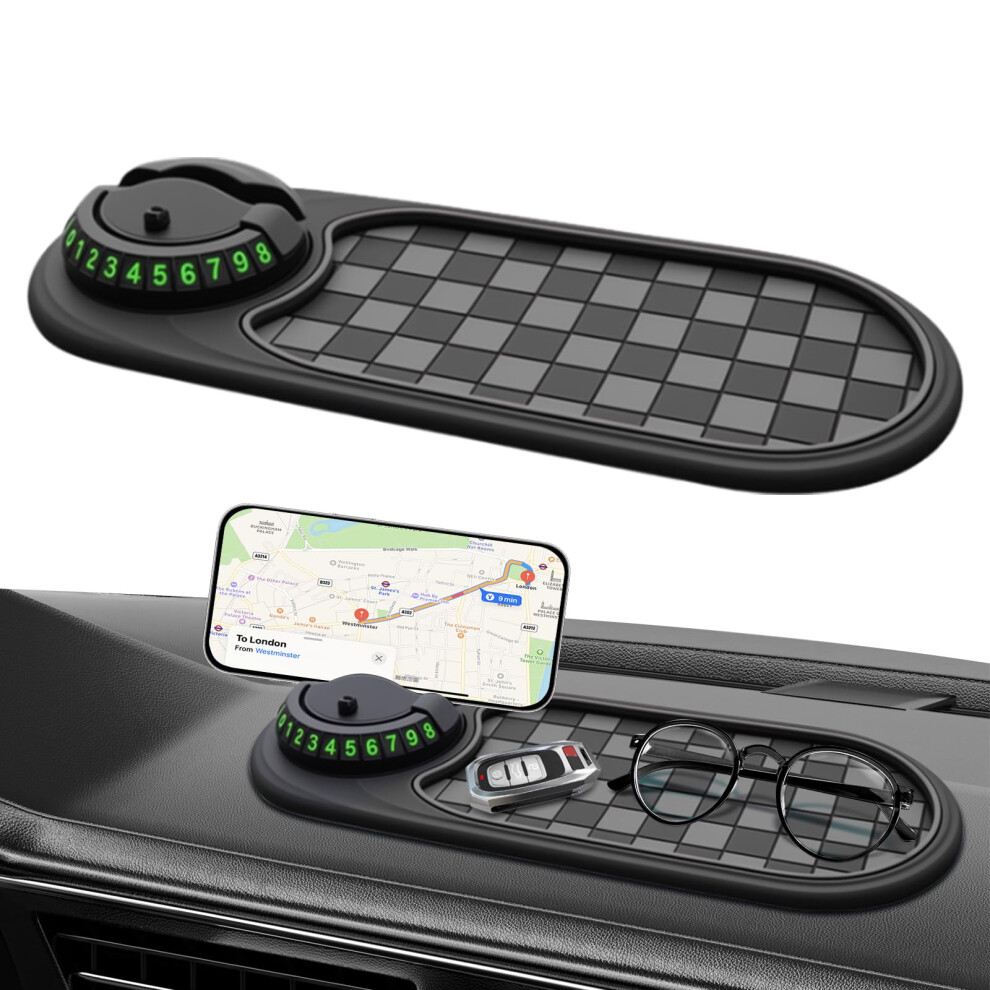 (Grey) Multifunction Car Anti-Slip Mat & Universal Car Phone Holder, Rotatable, With Temporary Parking Number & Large Pad For Phones, Sunglasses, Keys Grey 7778994955646