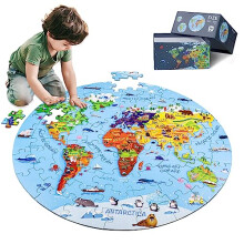 (Solar System) World Map Puzzle for Children, 70 Piece Large Round Floor Geography Game for Learning and Play, Educational Gift Idea, Multicolor