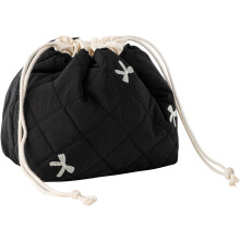 (black) Cotton quilted drawstring makeup bag with canvas lining - a cute and fashionable travel makeup bag for women and girls, beige bow design