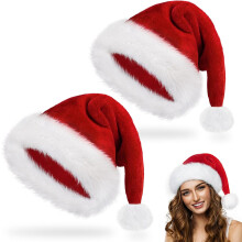 (2 Pcs) Classic Santa Claus Hat for Adults - Unisex Xmas Holiday Headwear for Christmas & New Year Parties