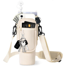 (Cream) Neoprene Water Bottle Carrier Bag with Phone Pocket Adjustable Strap, Straw Cover & Carabiner for 30/40 oz Tumbler Accessories
