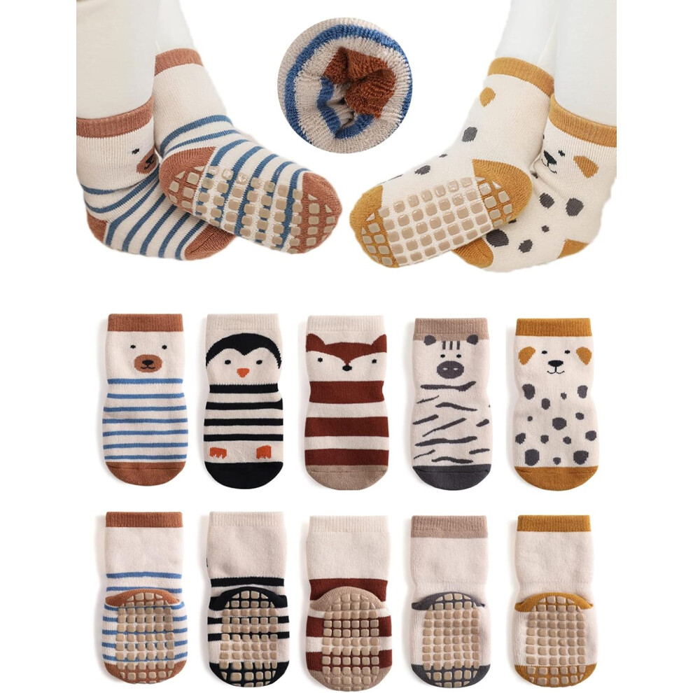 (1-3T) Baby Non-Skid Warm Thick Socks - Anti-Skid Grip Crew Slipper Socks for Newborns, Infants & Toddlers (Boys & Girls)