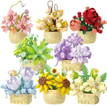(Style 2) Floral Building Block Set, 8 Piece Creative Plant Toy Kit for Women and Girls, Home or Office Display Decor, Gift Idea, Pastel Colors
