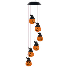 (HAT) Pumpkin Solar Wind Chime, Halloween Solar Powered Color Changing Outdoor Windchime with LED Light, Waterproof Hanging Style Ideal as Holiday Gift for