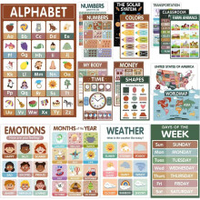 (Bohemian) 18 Learning Posters for Kids, Educational Charts with Alphabet Numbers Animals and Weather, Classroom Decor Homeschool or Playroom, Vibrant Colors