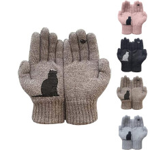 (brown) Unisex Winter Knit Gloves with Cute Cat Design, Warm Thermal Mittens for Outdoor Activities, Cycling, Running, Driving(black)