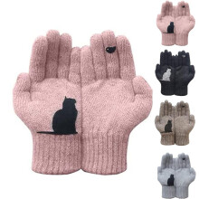 (pink) Unisex Winter Knit Gloves with Cute Cat Design, Warm Thermal Mittens for Outdoor Activities, Cycling, Running, Driving(black)