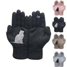 (black) Unisex Winter Knit Gloves with Cute Cat Design, Warm Thermal Mittens for Outdoor Activities, Cycling, Running, Driving(black)