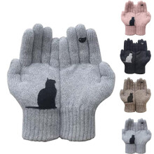 (grey) Unisex Winter Knit Gloves with Cute Cat Design, Warm Thermal Mittens for Outdoor Activities, Cycling, Running, Driving(black)
