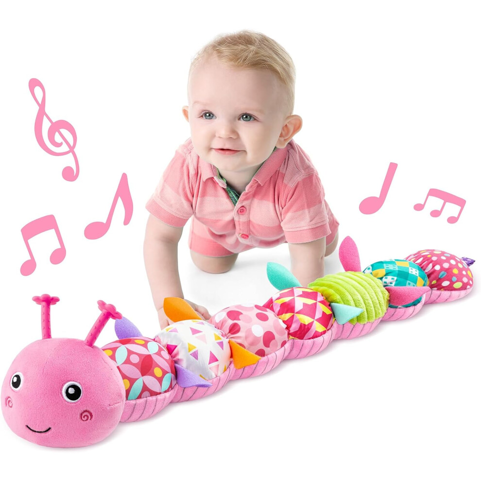 (pink) Green Musical Caterpillar Baby Toy, Infant Stuffed Animal with Crinkle & Rattles, Soft Sensory Tummy Time Toy with Textures for Newborn Boys &