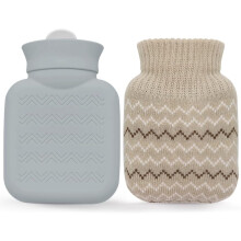 (grey) Mini Thermos Flask 320ml - Leak-proof small hot water bag, for relieving pain (lower back, upper back, neck, shoulders); detachable knitted cap; safe