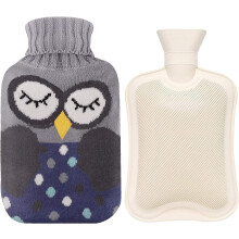 (grey) 2L Rubber Hot Water Bottle with Cover - Cute Owl Cartoon Design (Blue) | Reusable Heat Pack for Menstrual Cramps, Muscle Pain Relief & Warmth Therapy