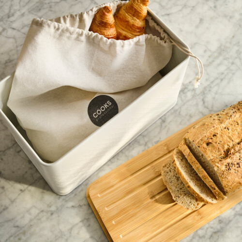 Cooks Professional (White) Cooks Professional Diamond Pattern Bread Bin with Linen Bag & Bamboo Cutting Board Lid 2