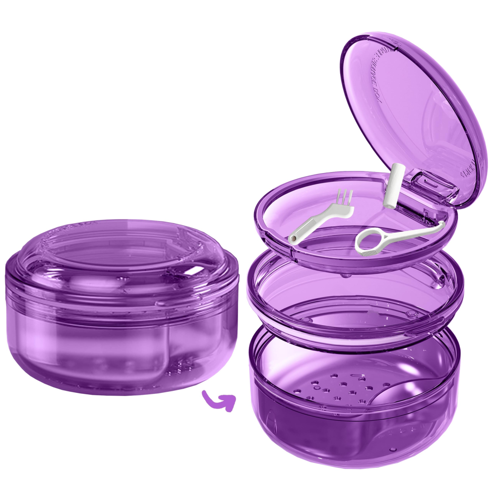Purple/Black () Clear Soaking Storage Case With Strainer Basket, For Retainers Dentures Mouthguards Aligners, Compact Travel Cleaner Holder,