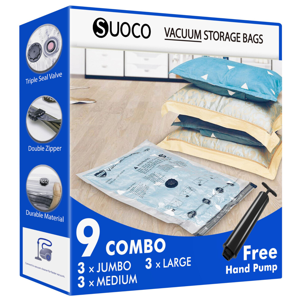 Suoco Vacuum Storage Bags 9 Combo 3 Jumbo 3 Large 3 Medium Space Saver Bags With Travel Hand Pump Compression Airtight Sealer Bags For Clothes Bedding