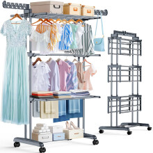 PurKeep Thicken Durable Clothes Airer Extra Large 4Tier Capacity Foldable Clothes Drying Rack with Wheels Stainless Steel Clothes Horse for Indo
