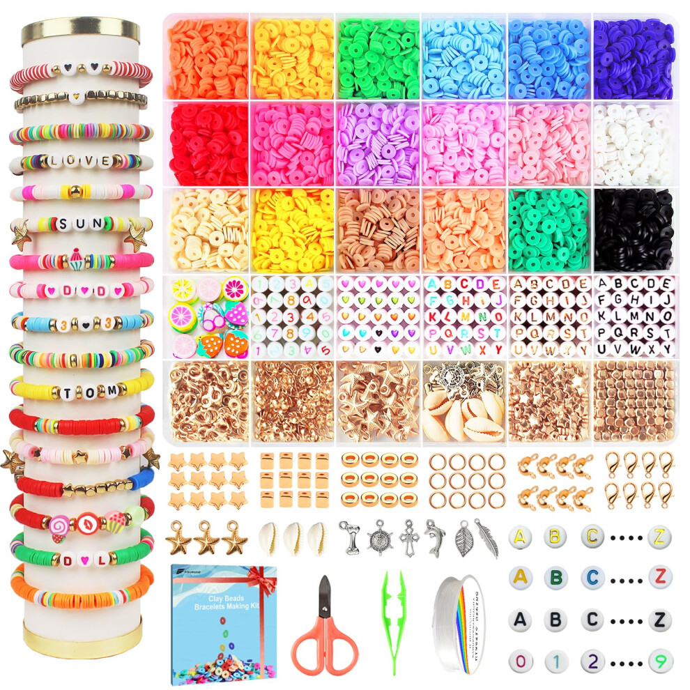 Fournine 5300 Pcs Clay Beads Friendship Bracelet Making Kit Preppy Flat Polymer Heishi Beads for Jewellery Making Kit with Charms DIY Craft Gifts