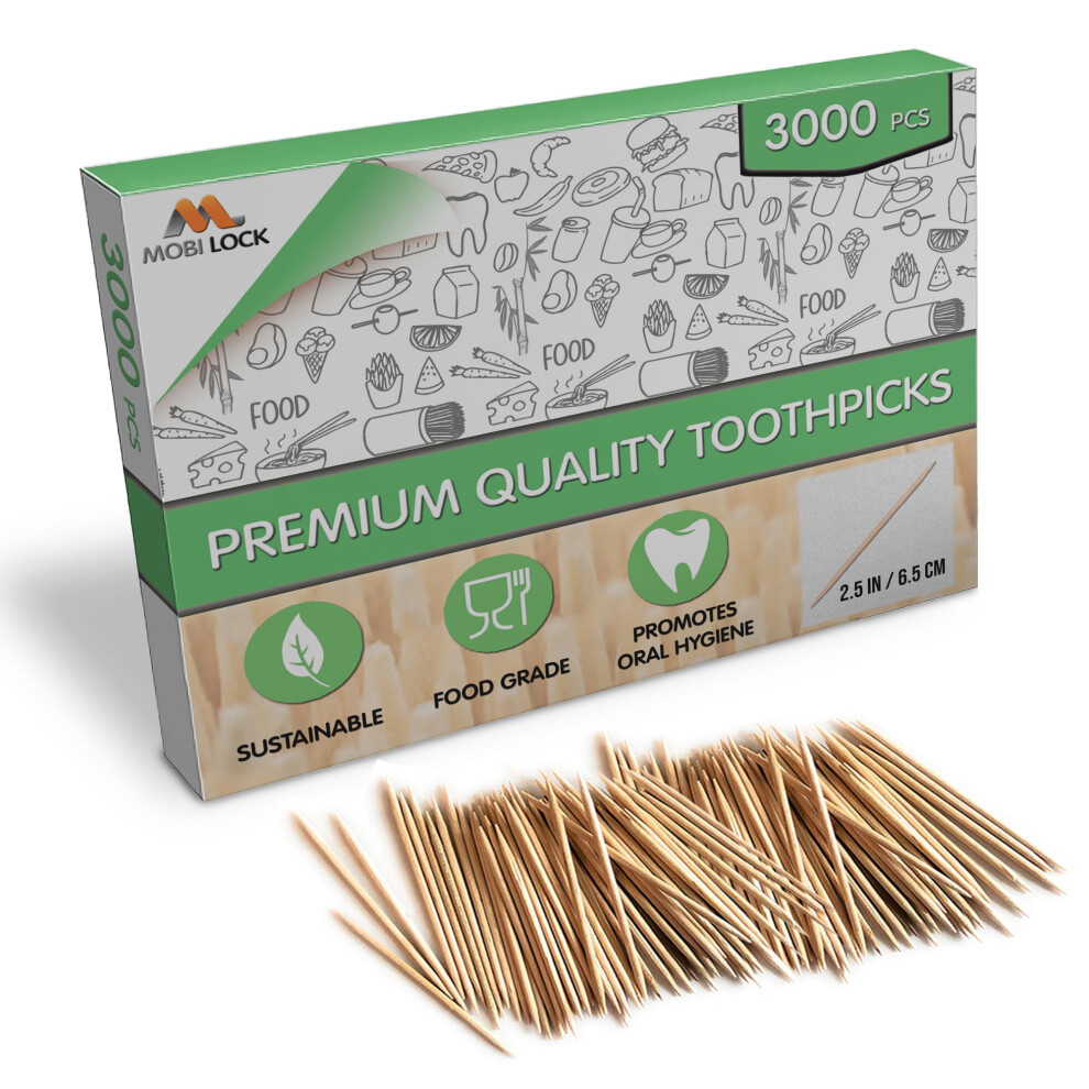 Mobi Lock 3000 Pcs Bamboo Toothpicks Double Pointed Wooden Toothpicks For Personal Hygiene Appetizer Skewers Cocktail Sticks Toothpick Or Arts Crafts B