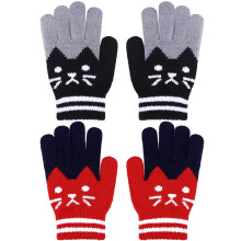 (Black, Red) 2 Pairs Kids' Winter Full - Finger Knitted Gloves, Warm & Stretchy Cat - Themed Mittens for Boys & Girls, Cold Weather Essentials