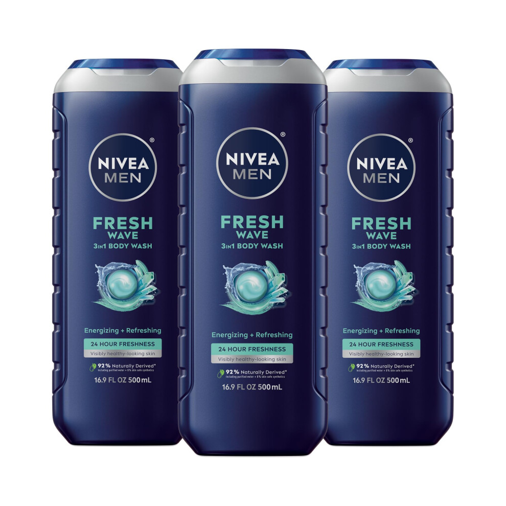 NIVEA MEN Fresh Wave Body Wash with Menthol Refreshing Scent 3-in-1 Men's Body Wash Face and Hair Paraben Free Vegan Formula 16.9 Fl Oz Bot