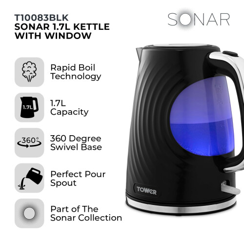 Tower Tower T10083BLK Sonar Textured Kettle with Large Viewing Window & Blue 1