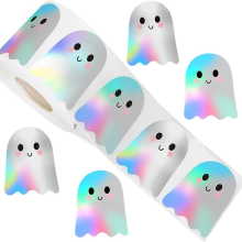 500Pcs 1.2in Holographic Ghost Halloween Stickers Roll - Waterproof Iridescent Self-Adhesive Decals for Kids' Halloween Party Envelope & Scrapbook De