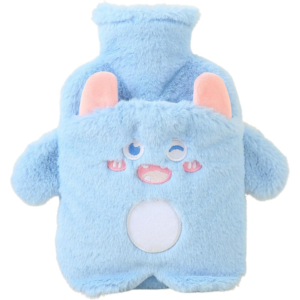 Blue Rubber Hot Water Bottle 1L With Cute Plush Cover (Kawaii Monster) - Ideal For Relieving Menstrual Cramps, Back, Neck & Foot Pain