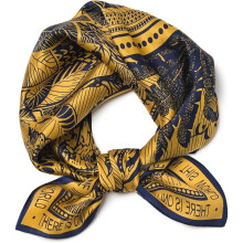 21" x 21" 100% Mulberry Silk Square Scarf, Artistic Yellow & Navy Print Neck Scarf for Women & Men, Small Pocket Scarf with Gift - Ready Option