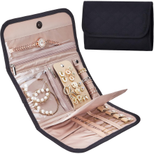 Foldable Jewelry Roll Organizer for Travel - Black Travel Jewelry Case, Storage for Earrings, Necklaces, Rings, Bracelets & Brooches