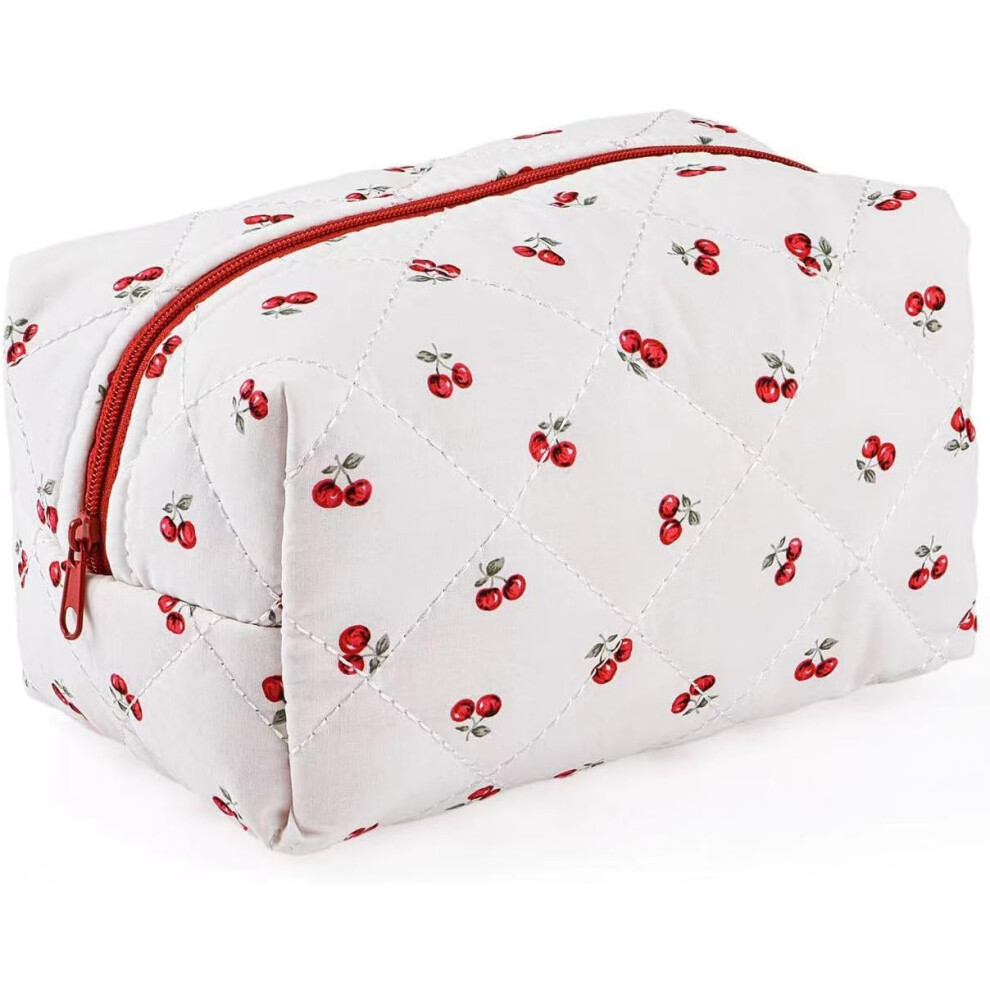 Pink Puffy Large Makeup Bag - Cute Cherry & Floral Print Stylish Travel Cosmetic Bag, Spacious Toiletry Pouch For Daily/Travel Use