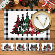 Christmas placemat four-piece set, checkered Christmas tree winter table mat (12x18 inches), seasonal holiday kitchen dining decoration for Christmas